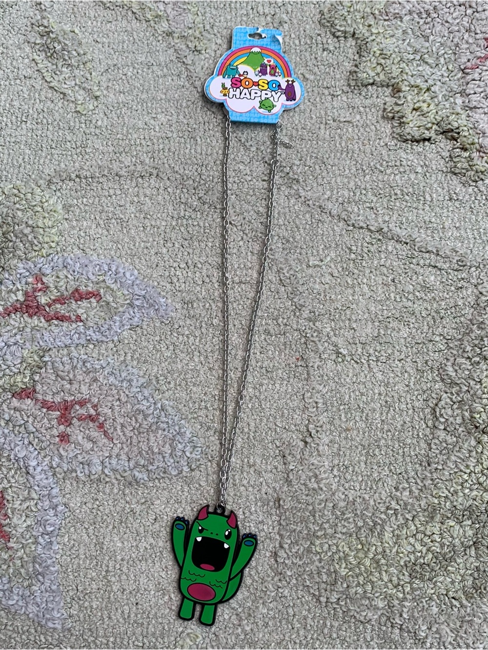 So So Happy Rare Vintage "Tribe" Green Monster Enamel Pendant Necklace Brand New